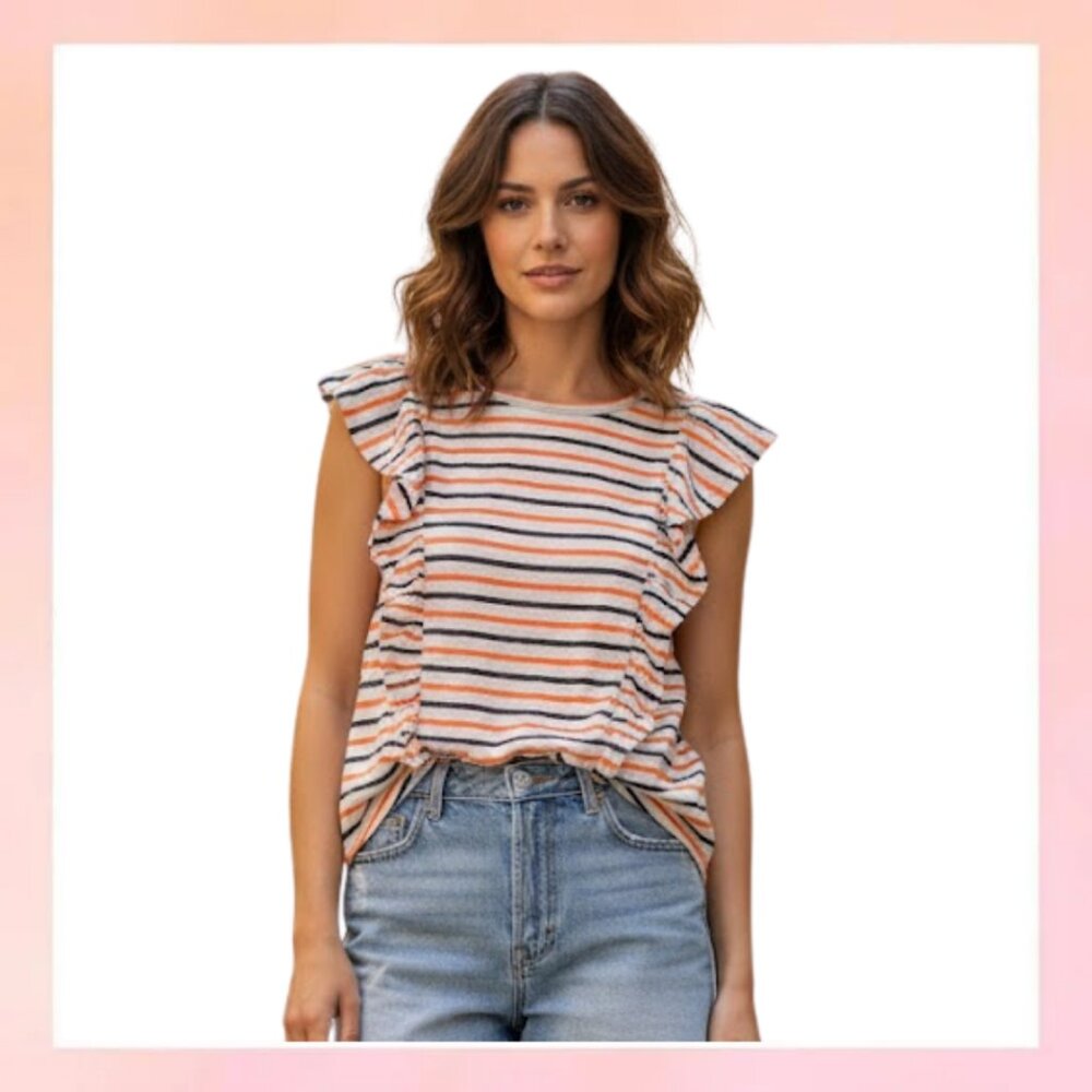 J. Crew Striped Ruffle Sleeve Tank in White, Orange & Navy